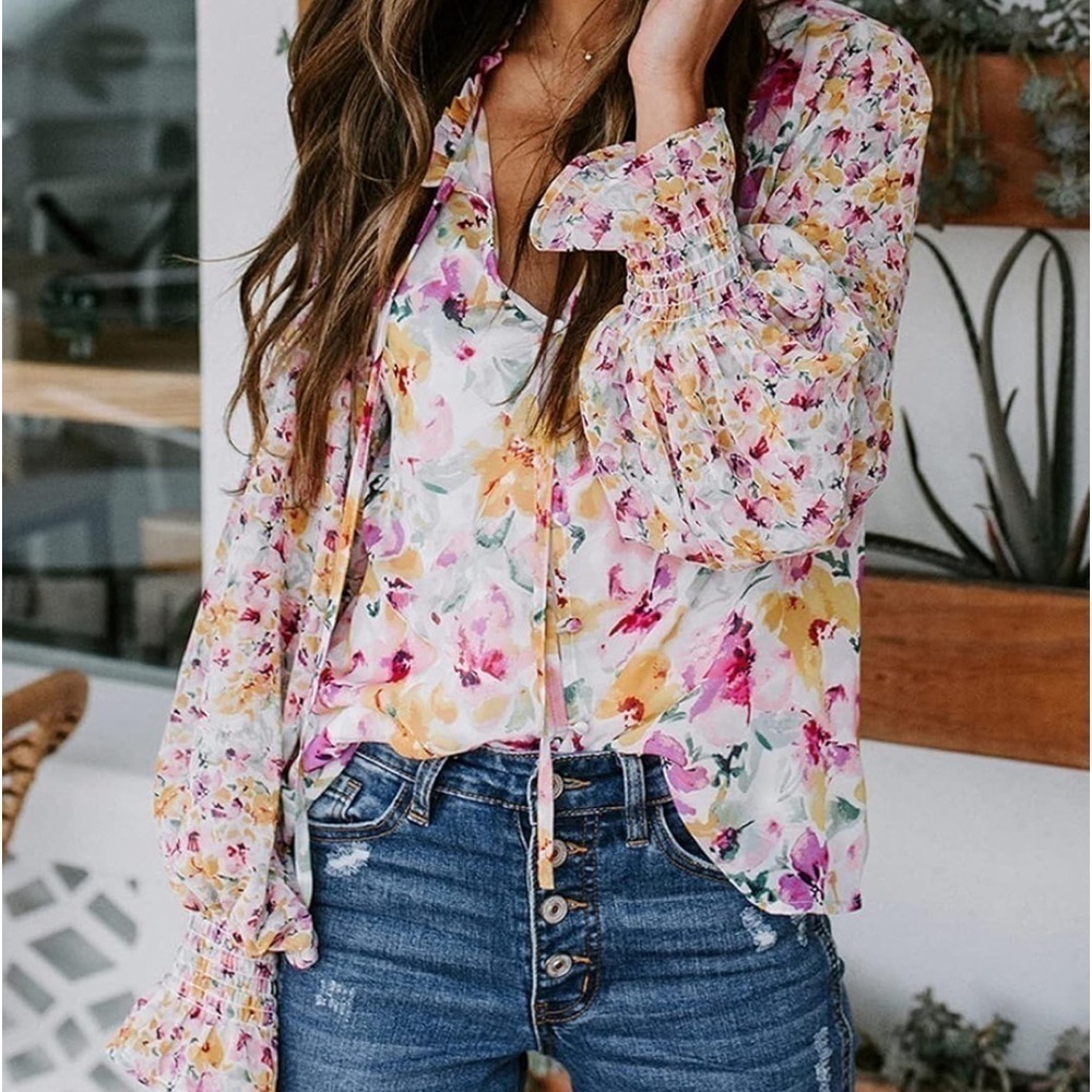 Women's Casual Boho Floral Printed V Neck Long Sleeve Blouses